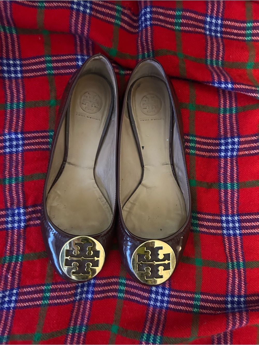 Tory Burch Burgundy Patent Leather Logo Ballet Flats with Gold Medallions